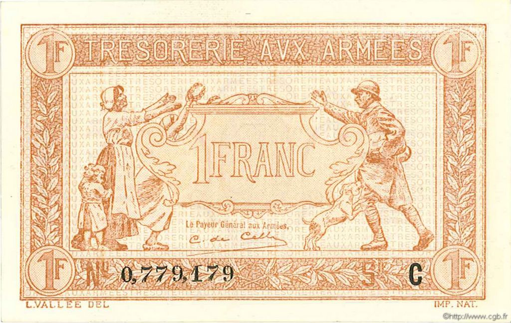 1 Franc TRÉSORERIE AUX ARMÉES 1917 FRANCE  1917 VF.03.03 XF+