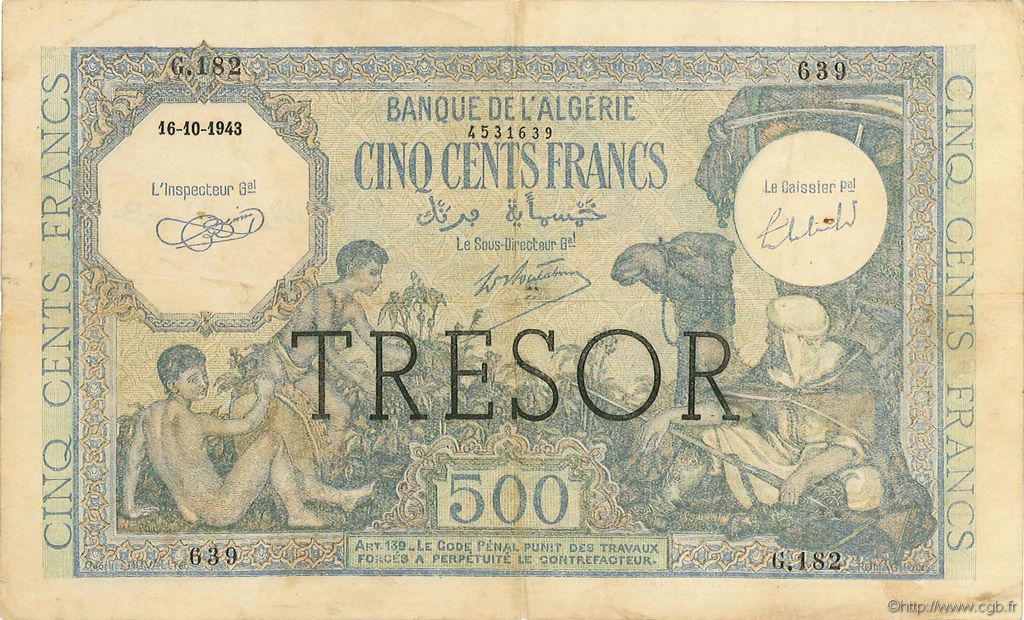 500 Francs Algérie surchargé FRANCIA  1943 VF.09.01 BC a MBC