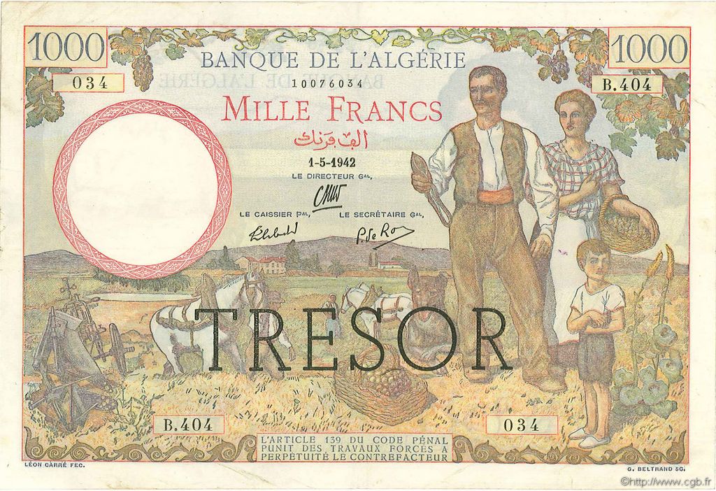 1000 Francs Algérie surchargé FRANCIA  1943 VF.10.01 q.SPL