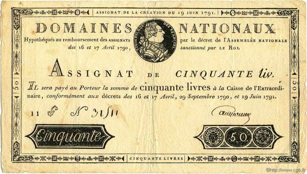 50 Livres FRANCE  1791 Muz.04 VF