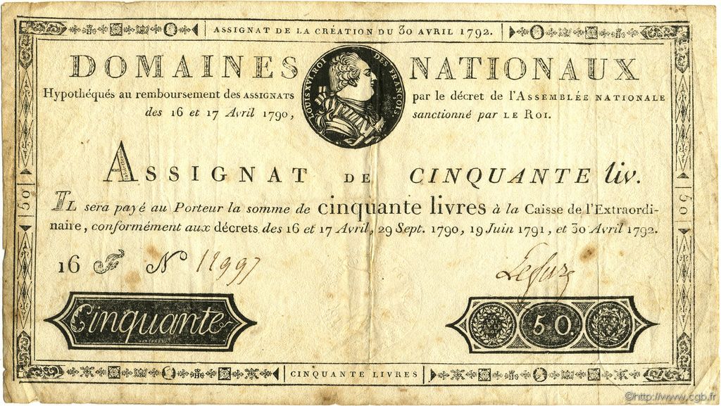 50 Livres FRANCE  1792 Muz.05 VF