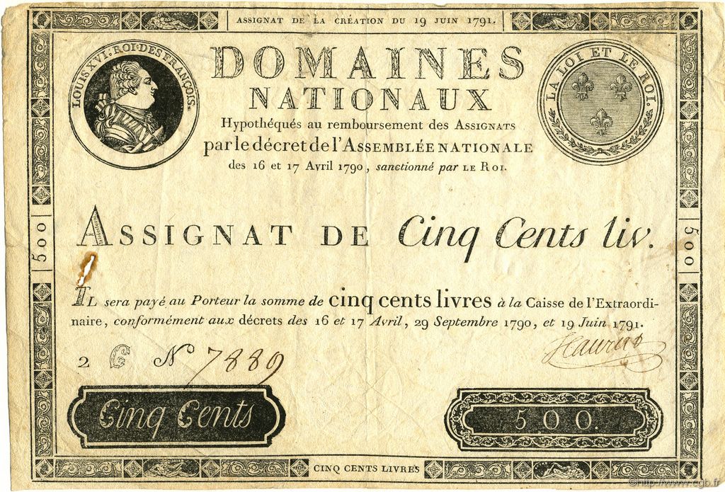 500 Livres FRANCE  1791 Muz.21 VF-