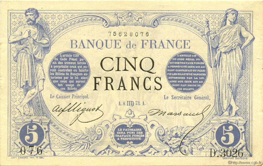 5 Francs NOIR FRANCE  1873 F.01.21 XF+