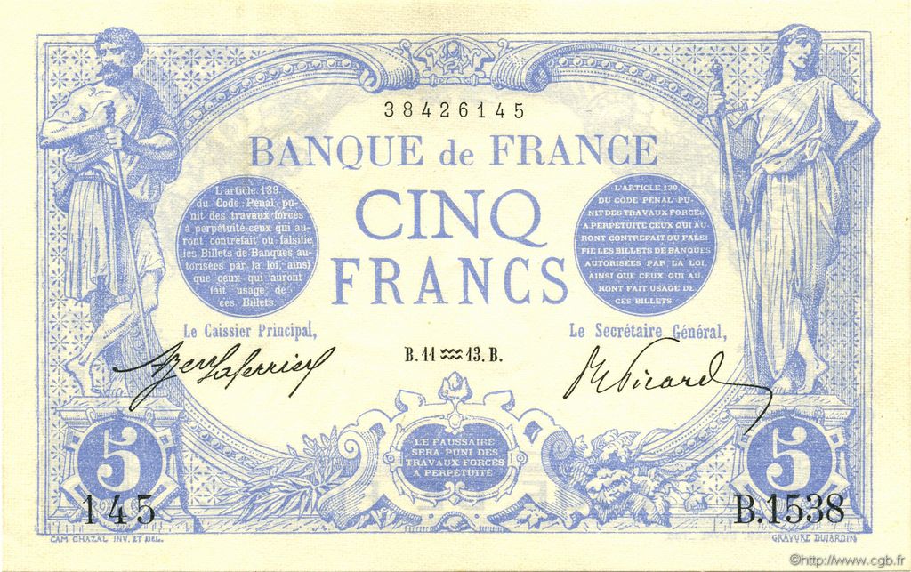 5 Francs BLEU FRANKREICH  1913 F.02.13 ST