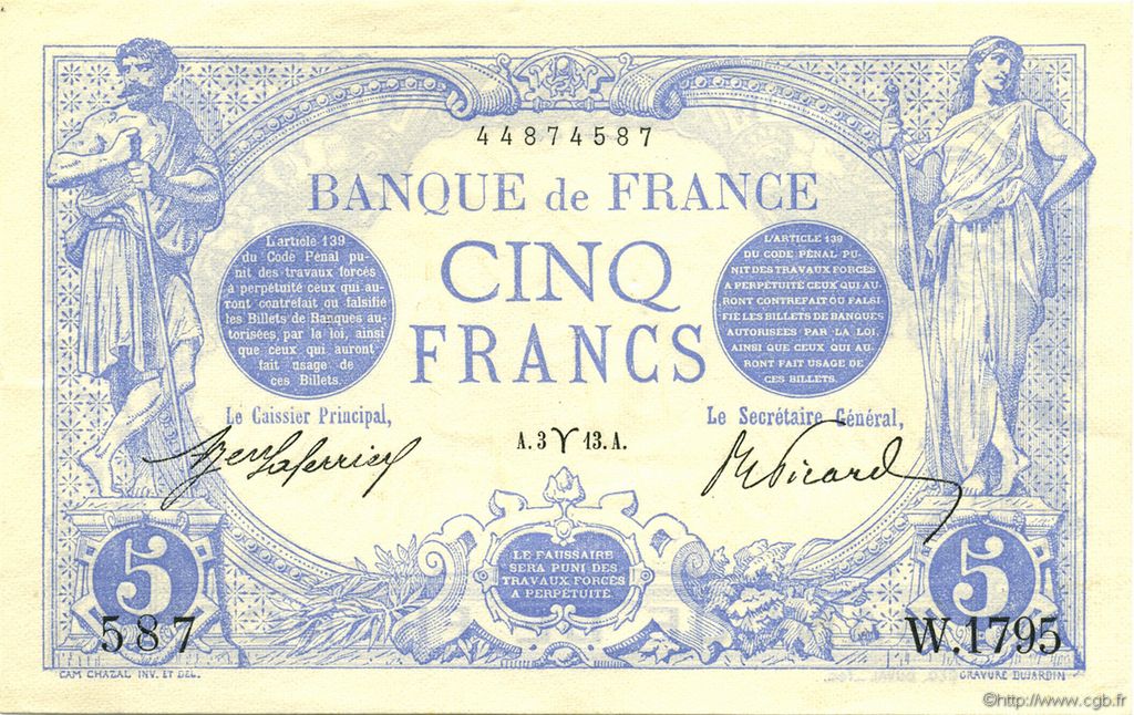 5 Francs BLEU FRANKREICH  1913 F.02.15 fST+