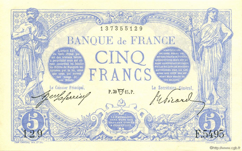 5 Francs BLEU FRANCIA  1915 F.02.26 FDC
