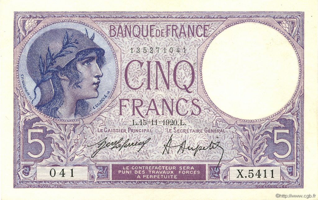 5 Francs FEMME CASQUÉE FRANKREICH  1920 F.03.04 ST