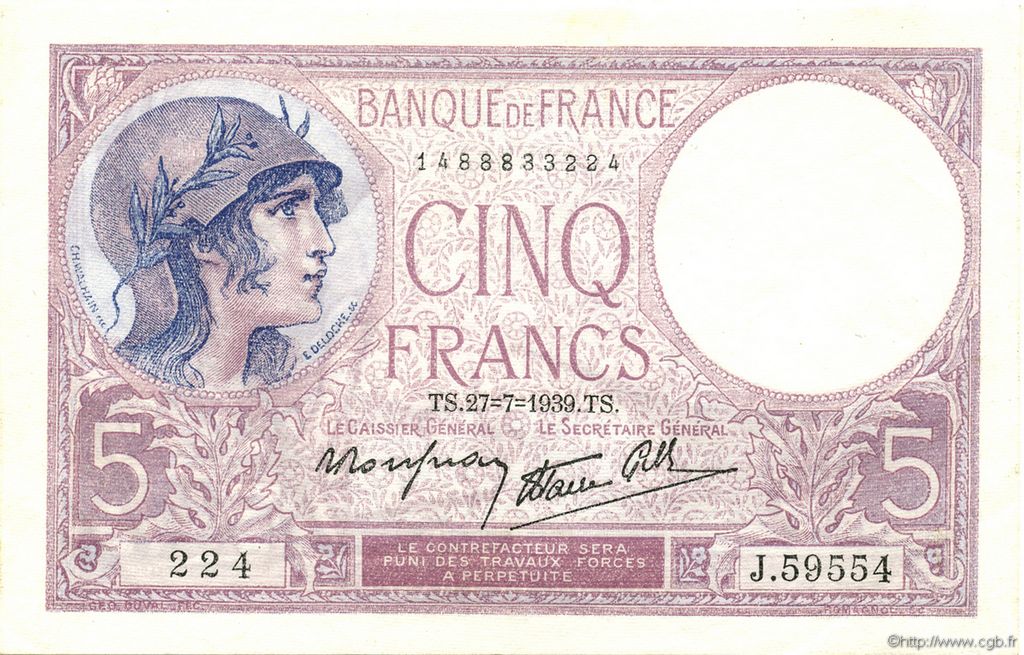 5 Francs FEMME CASQUÉE modifié FRANCE  1939 F.04.03 UNC-