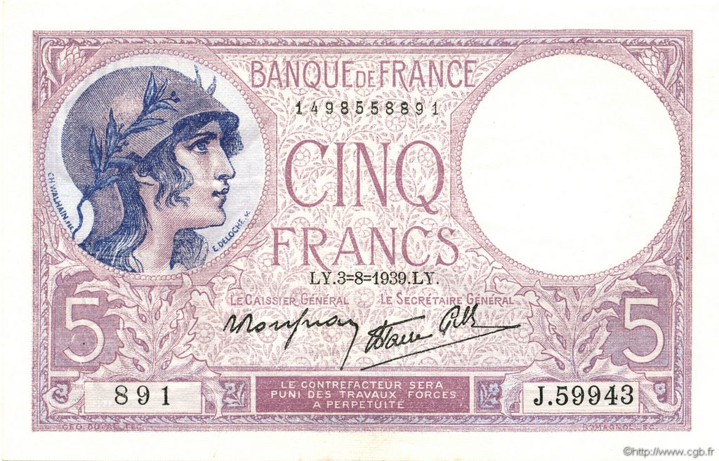 5 Francs FEMME CASQUÉE modifié FRANCE  1939 F.04.04 XF+