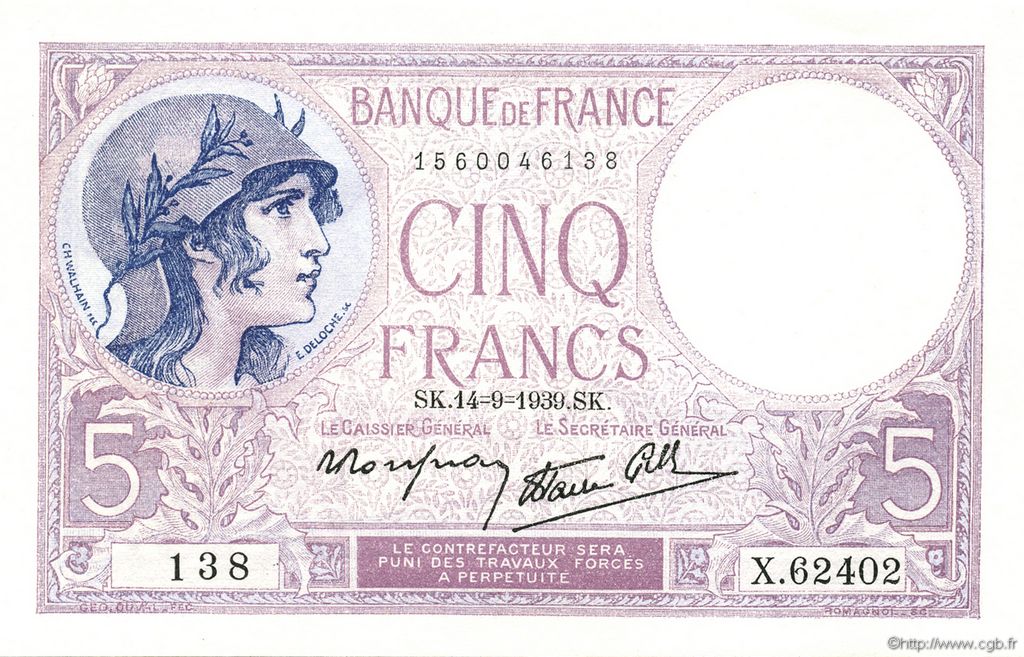 5 Francs FEMME CASQUÉE modifié FRANKREICH  1939 F.04.08 ST