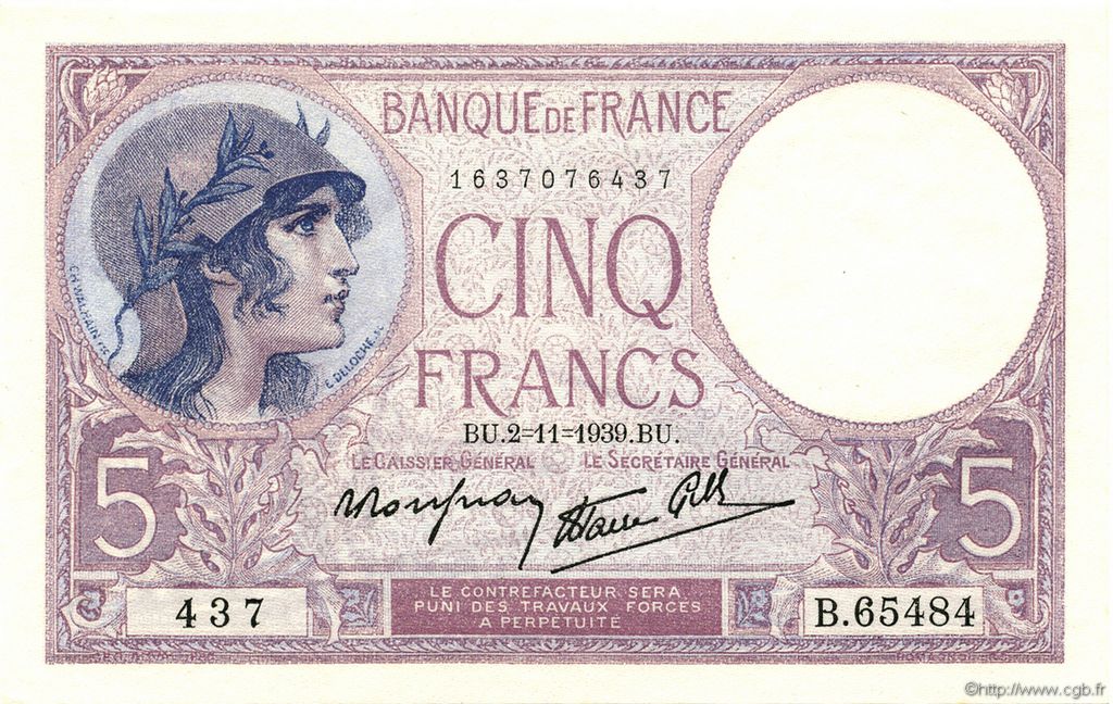 5 Francs FEMME CASQUÉE modifié FRANCE  1939 F.04.14 UNC