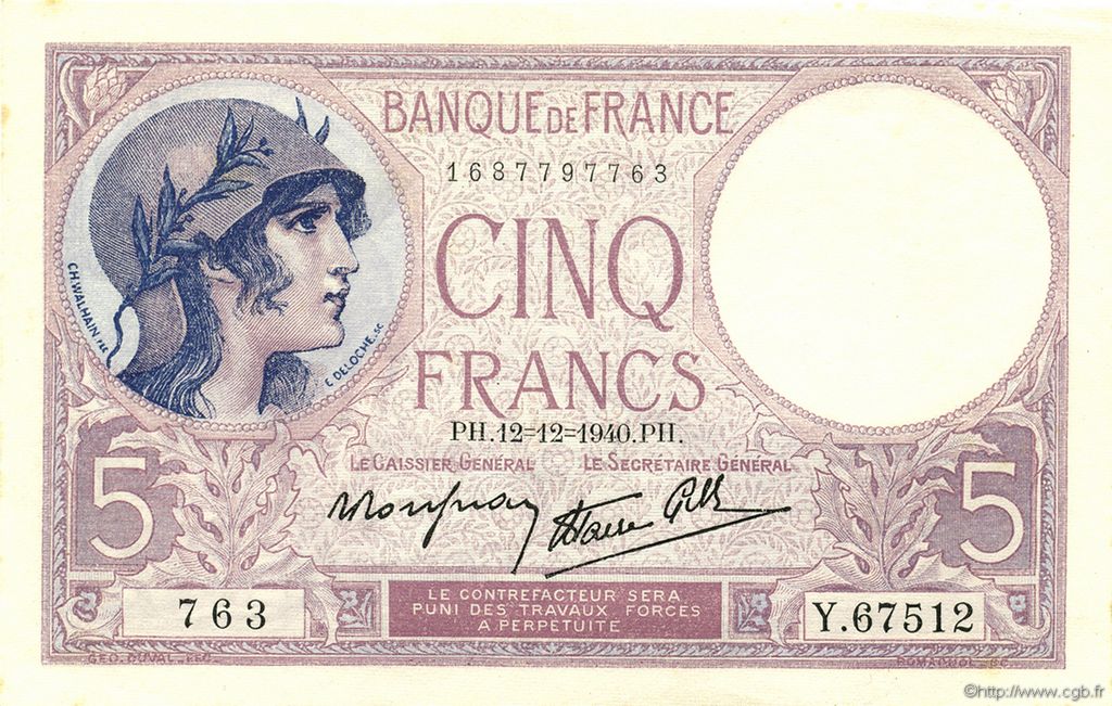 5 Francs FEMME CASQUÉE modifié FRANCIA  1940 F.04.17 SC+