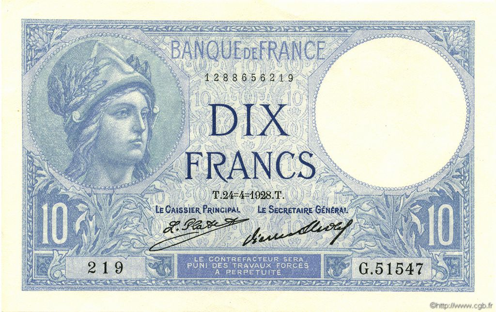 10 Francs MINERVE FRANCE  1928 F.06.13 AU