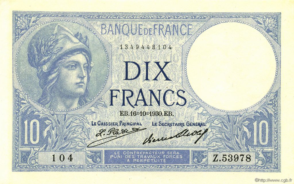 10 Francs MINERVE FRANCE  1930 F.06.14 UNC-