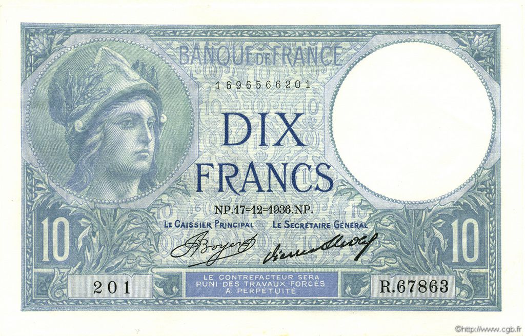 10 Francs MINERVE FRANCIA  1936 F.06.17 q.FDC