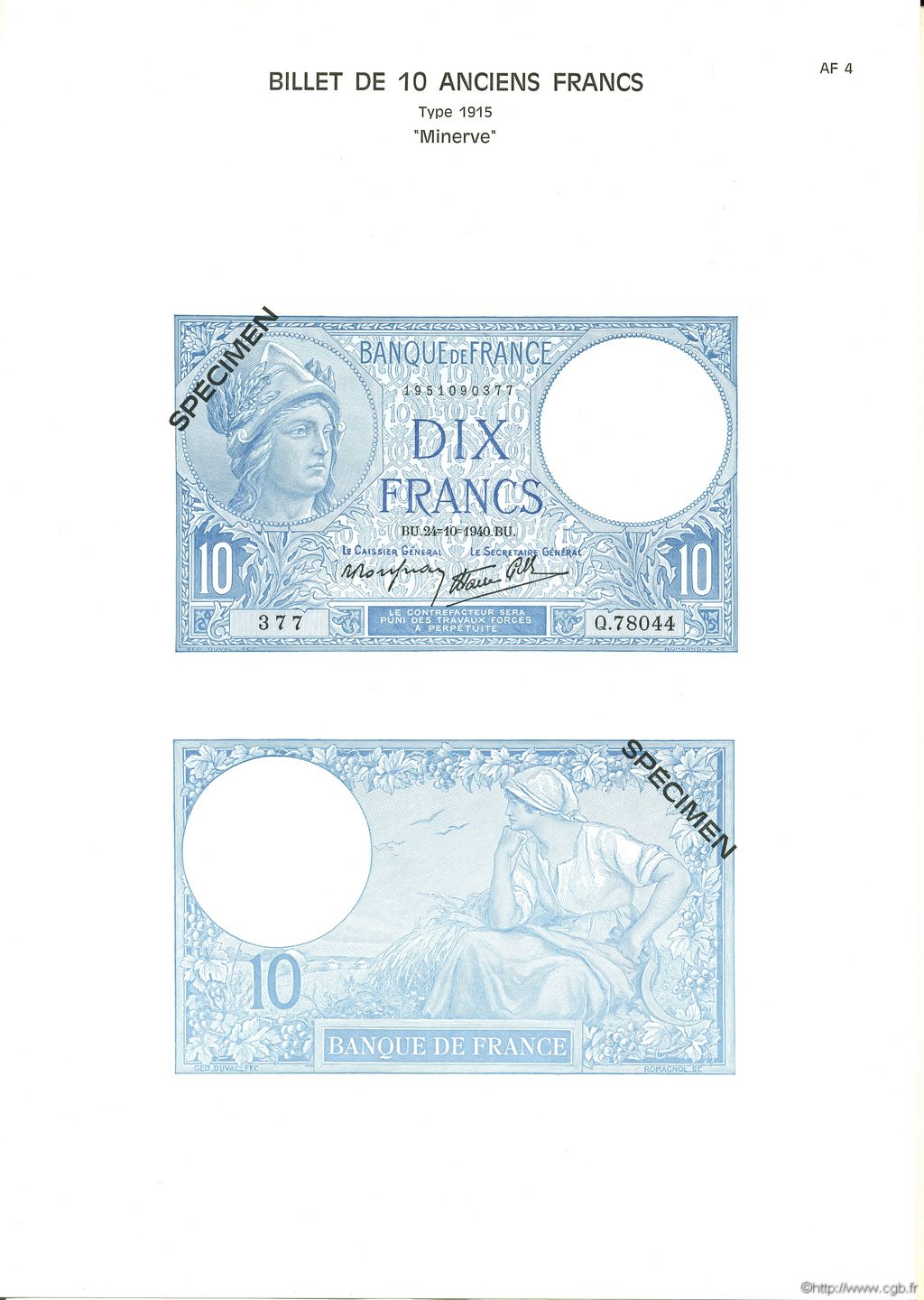 10 Francs MINERVE modifié Planche FRANKREICH  1975 F.07pl ST
