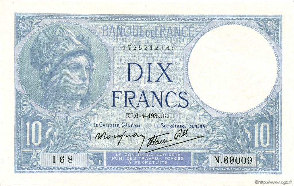 10 Francs MINERVE modifié FRANCE  1939 F.07.02 UNC