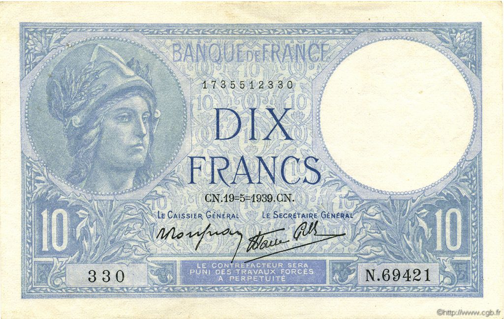 10 Francs MINERVE modifié FRANCE  1939 F.07.03 XF+