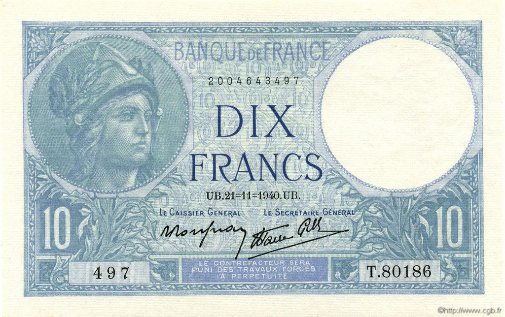 10 Francs MINERVE modifié FRANCIA  1940 F.07.21 FDC