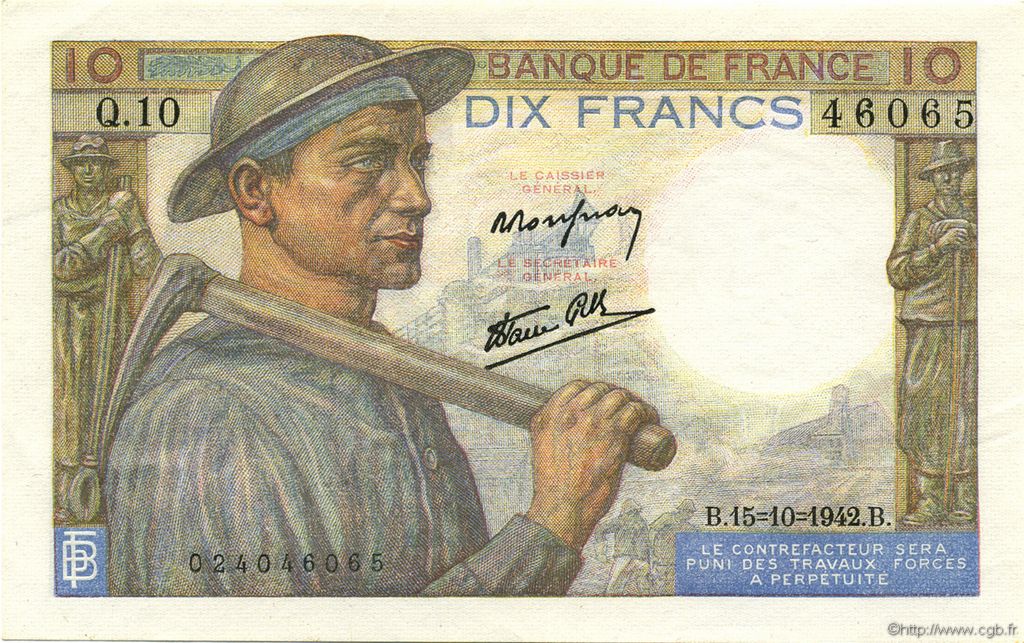10 Francs MINEUR FRANCE  1942 F.08.04 AU