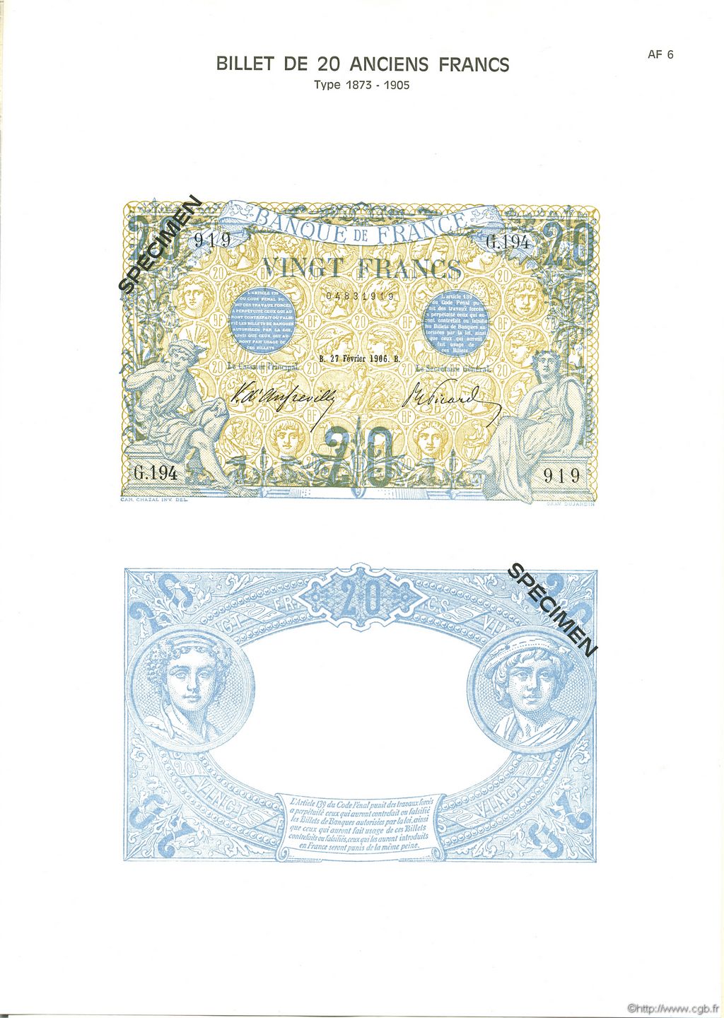 20 Francs BLEU Planche FRANCE  1975 F.10pl NEUF