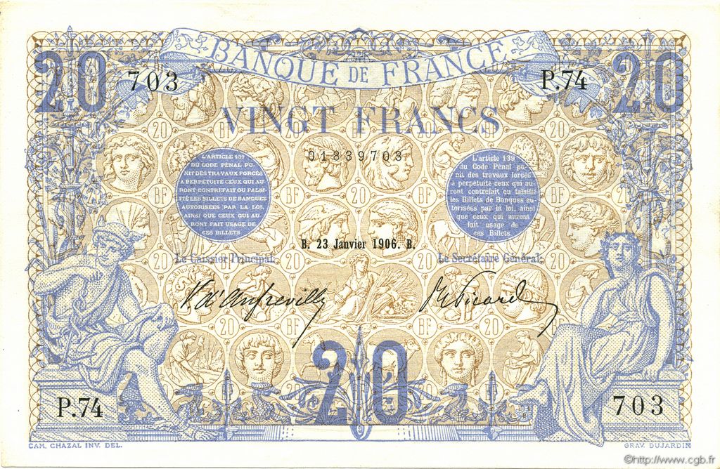 20 Francs BLEU FRANCIA  1906 F.10.01 EBC+