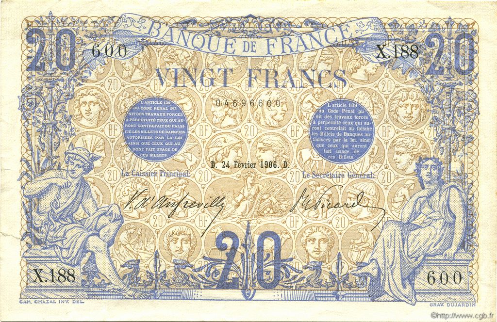 20 Francs BLEU FRANCE  1906 F.10.01 AU