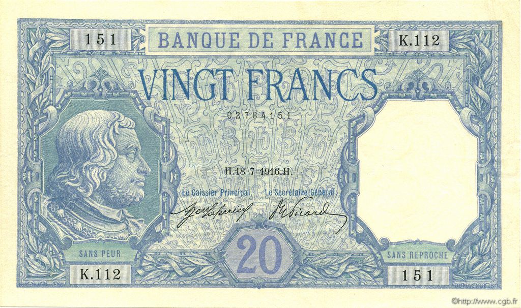 20 Francs BAYARD FRANCIA  1916 F.11.01 q.FDC