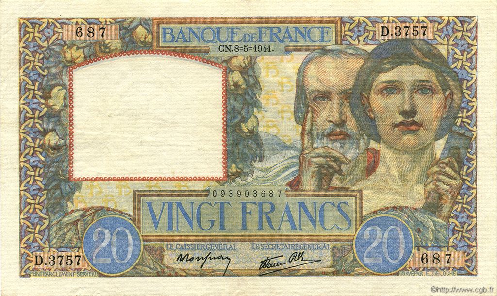 20 Francs TRAVAIL ET SCIENCE FRANCIA  1941 F.12.14 q.SPL