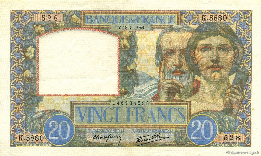 20 Francs TRAVAIL ET SCIENCE FRANCIA  1941 F.12.18 SPL+