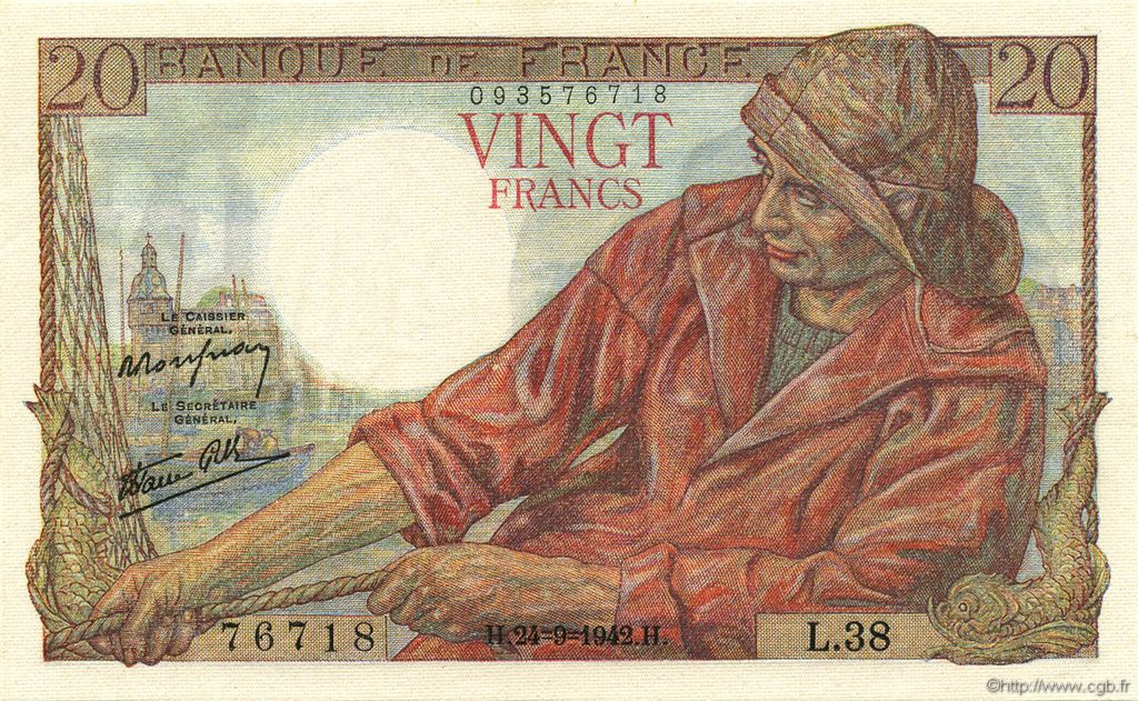 20 Francs PÊCHEUR FRANCIA  1942 F.13.03 FDC