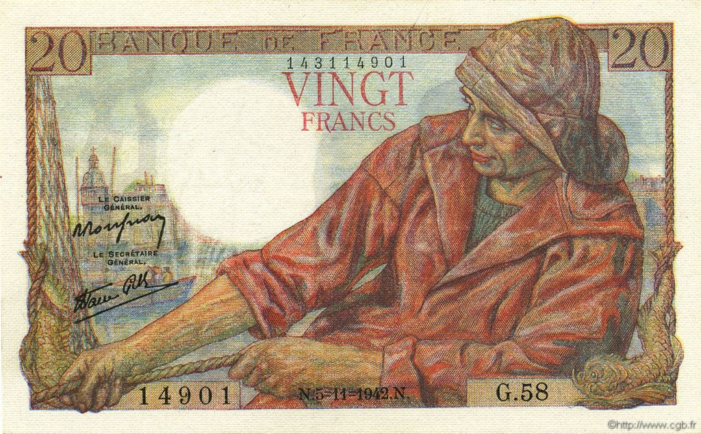 20 Francs PÊCHEUR FRANCE  1942 F.13.04 SPL