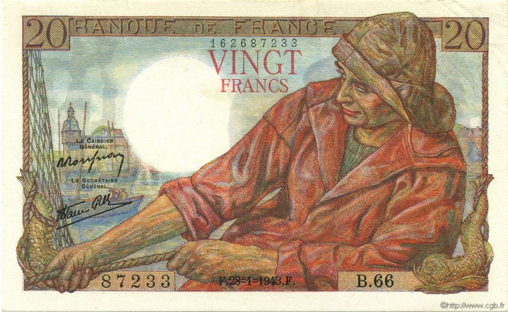 20 Francs PÊCHEUR FRANKREICH  1943 F.13.05 fST+