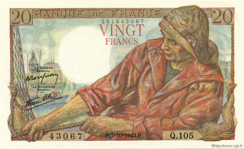 20 Francs PÊCHEUR FRANCIA  1943 F.13.07 FDC