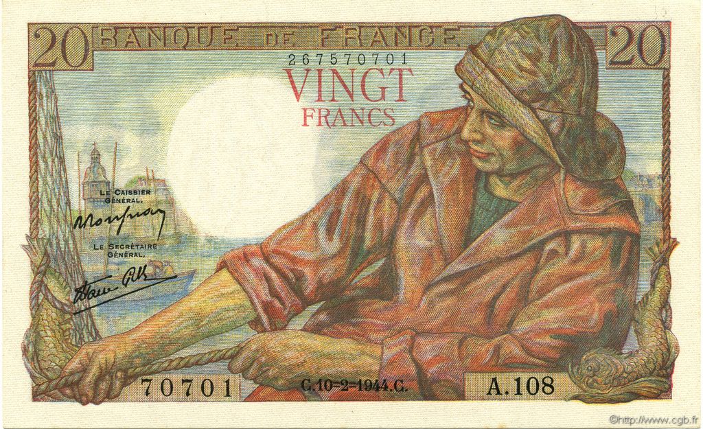 20 Francs PÊCHEUR FRANCE  1944 F.13.08 UNC