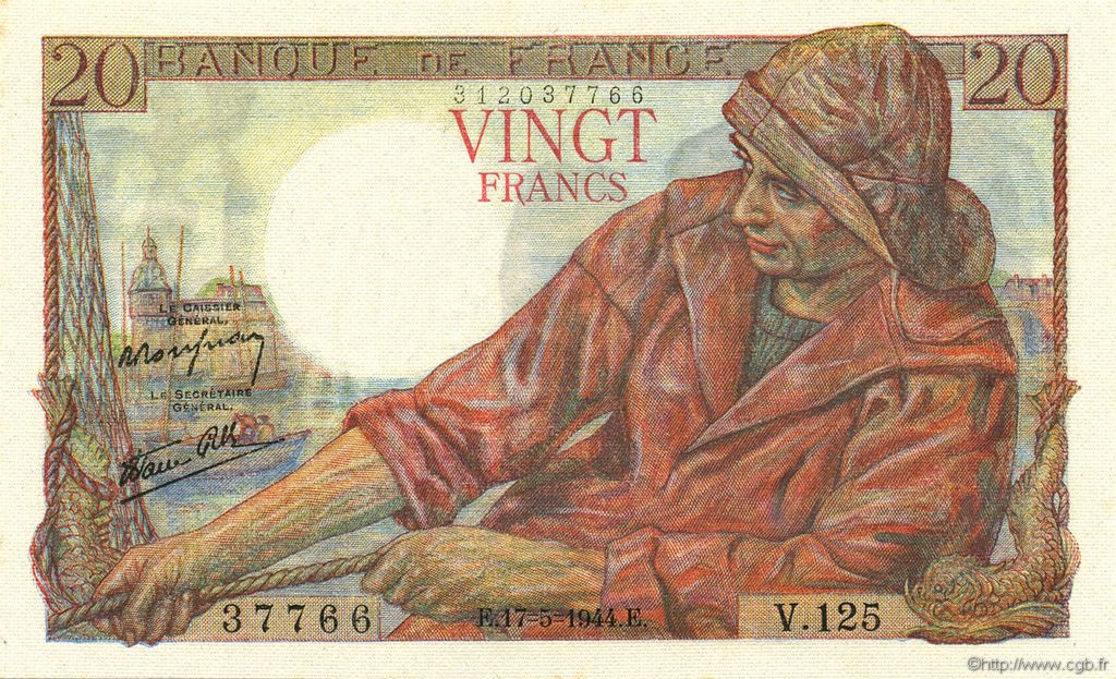 20 Francs PÊCHEUR FRANCE  1944 F.13.09 UNC