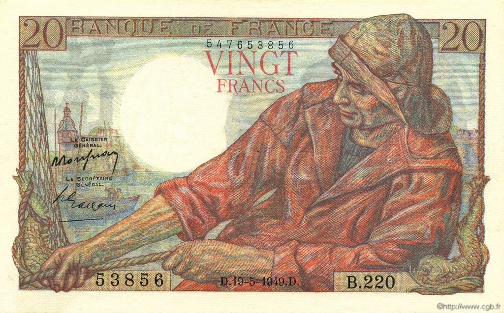 20 Francs PÊCHEUR FRANKREICH  1949 F.13.15 fST+
