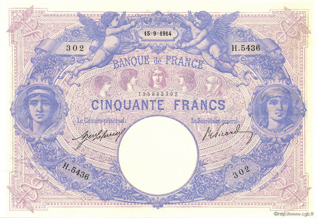 50 Francs BLEU ET ROSE FRANCE  1914 F.14.27 XF+