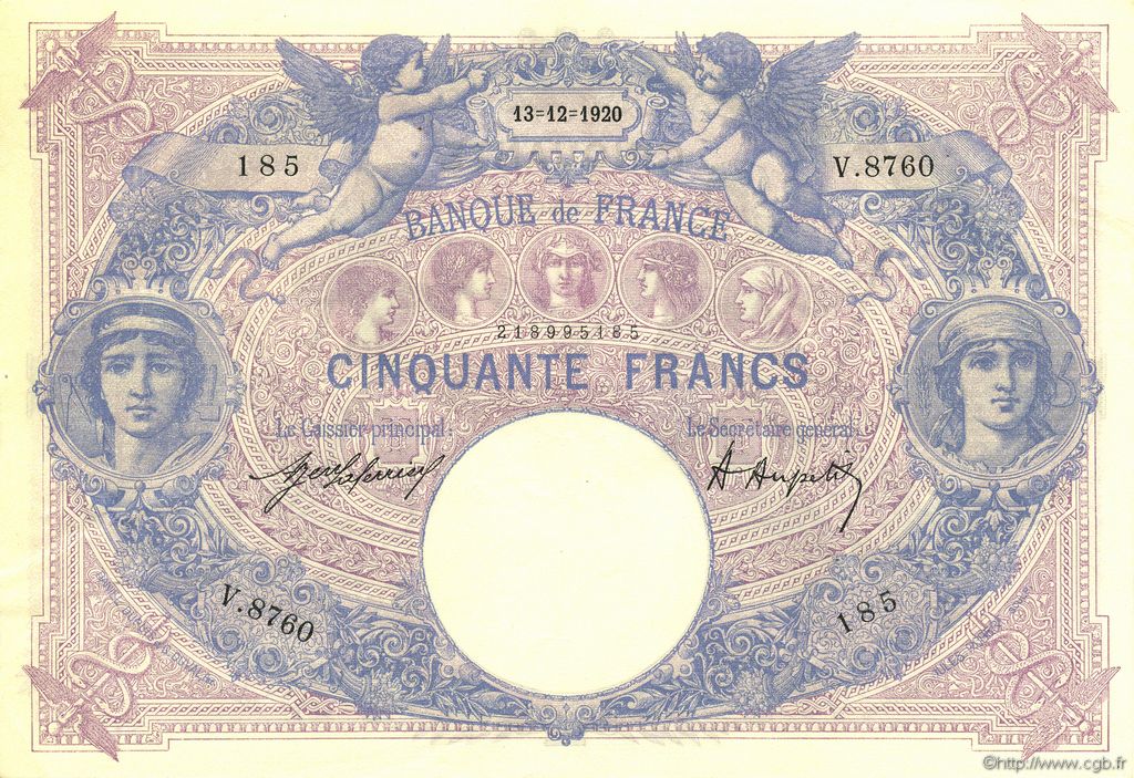 50 Francs BLEU ET ROSE FRANCE  1920 F.14.33 SUP+