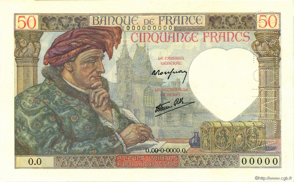 50 Francs JACQUES CŒUR FRANKREICH  1940 F.19.01Sp ST