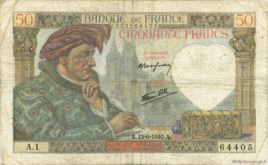 50 Francs JACQUES CŒUR FRANKREICH  1940 F.19.01 fS