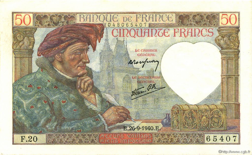 50 Francs JACQUES CŒUR FRANKREICH  1940 F.19.03 fST+