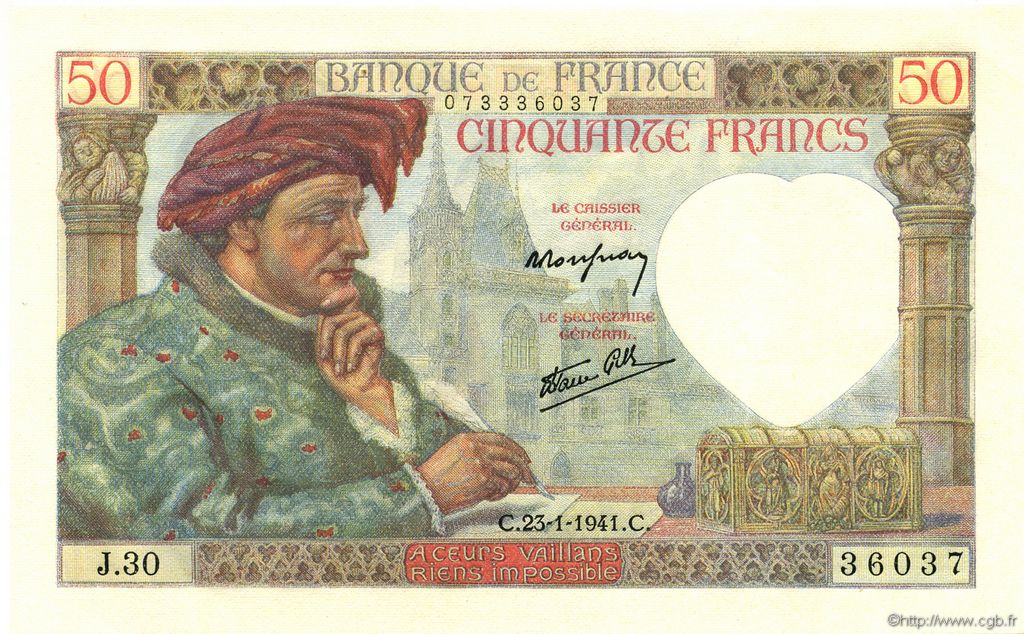 50 Francs JACQUES CŒUR FRANCE  1941 F.19.05 NEUF