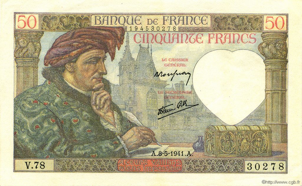 50 Francs JACQUES CŒUR FRANCIA  1941 F.19.10 AU+