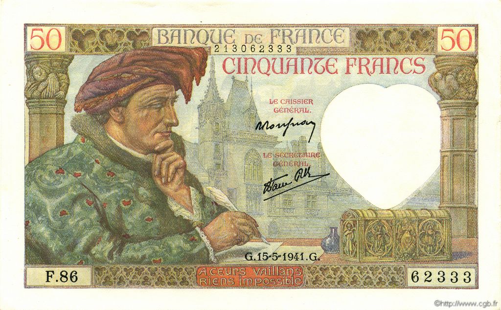 50 Francs JACQUES CŒUR FRANCE  1941 F.19.11 pr.SPL