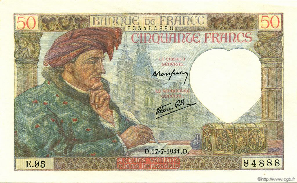 50 Francs JACQUES CŒUR FRANCIA  1941 F.19.12 FDC