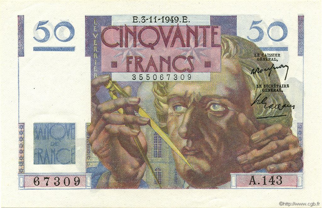50 Francs LE VERRIER FRANCIA  1949 F.20.13 q.FDC