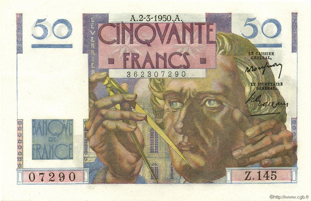 50 Francs LE VERRIER FRANCIA  1950 F.20.14 FDC
