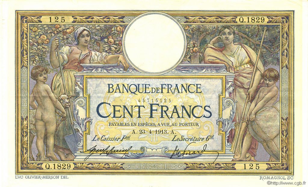 100 Francs LUC OLIVIER MERSON sans LOM FRANCIA  1913 F.23.05 EBC+
