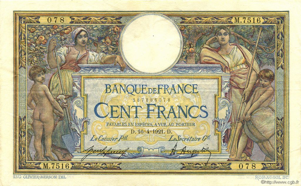 100 Francs LUC OLIVIER MERSON sans LOM FRANCIA  1921 F.23.14 BB